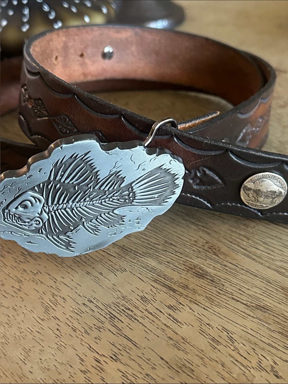Country Western leather cowboy belt w buckle piranha fish buffalo nickel 44” new